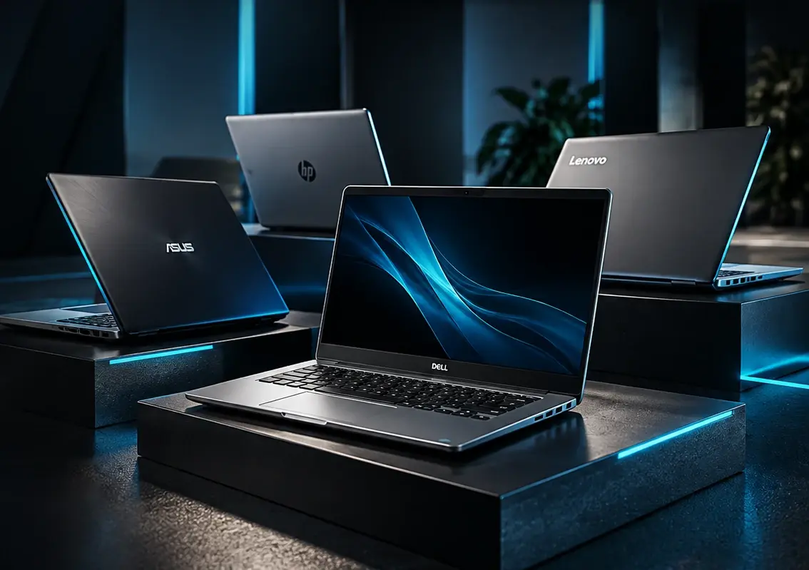 Notebooks de distintas marcas exhibidas sobre plataformas iluminadas